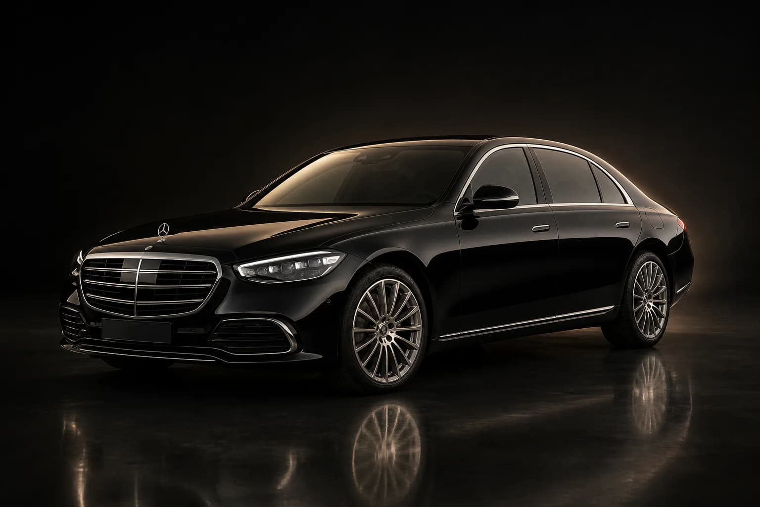 Чёрный Mercedes-Benz S-Class W223 Long в тёмной студии