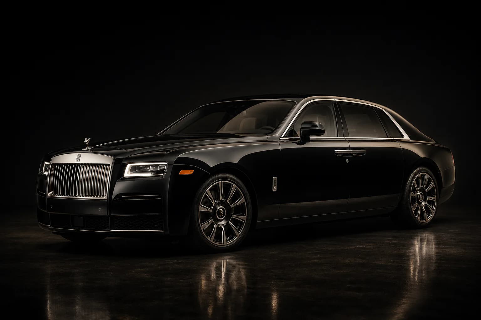 Чёрный Rolls-Royce Ghost в тёмной студии