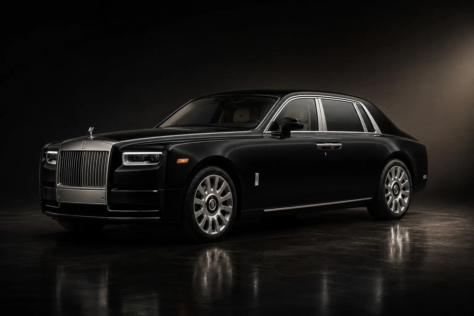 Чёрный Rolls-Royce Phantom в тёмной студии